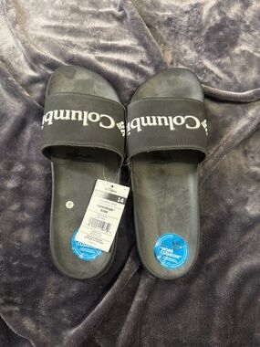 Columbia Black Slide Sandals with White Logo
